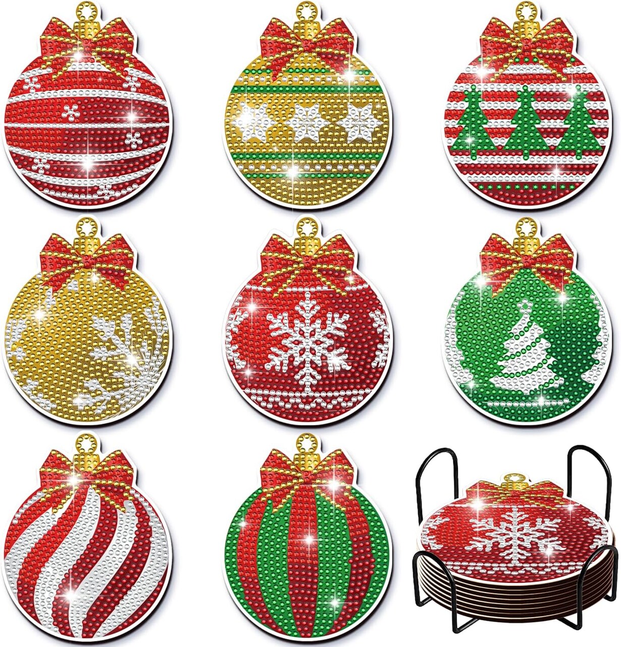 DIY Diamond Art Painting Coasters with Holder for Adults – Christmas Balls Diamond Coaster Kit, 8-Piece Set